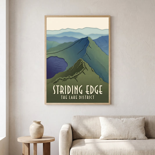 Striding Edge travel poster in a natural frame, hanging in a living