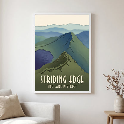 Striding Edge travel poster in a white frame, hanging in a living2