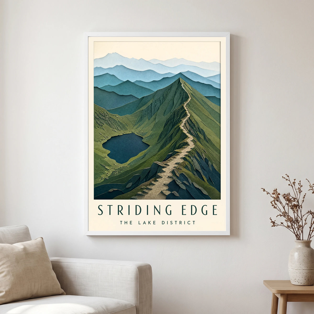 Striding Edge travel poster in a white frame, hanging in a living2