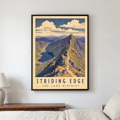 Striding Edge travel poster in a black frame, hanging in a bedroom3