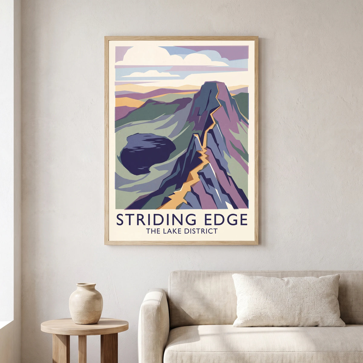 Striding Edge travel poster in a natural frame, hanging in a living