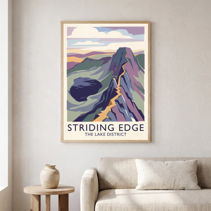 Striding Edge travel poster in a natural frame, hanging in a living