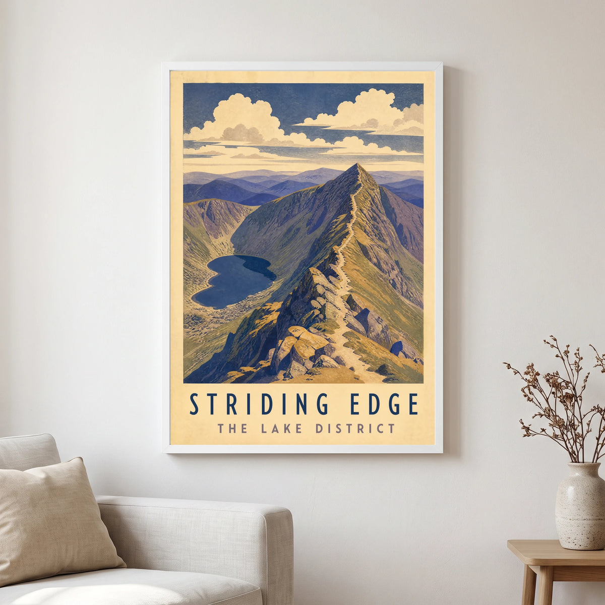 Striding Edge travel poster in a white frame, hanging in a living2
