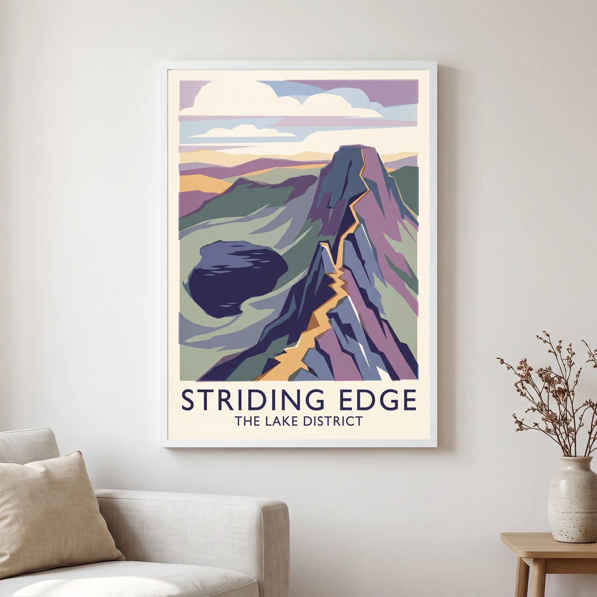Striding Edge travel poster in a white frame, hanging in a living2