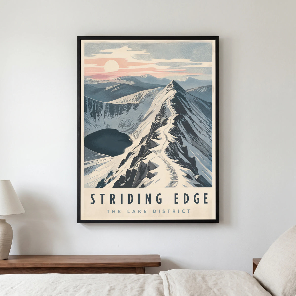 Striding Edge travel poster in a black frame, hanging in a bedroom3