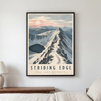 Striding Edge travel poster in a black frame, hanging in a bedroom3