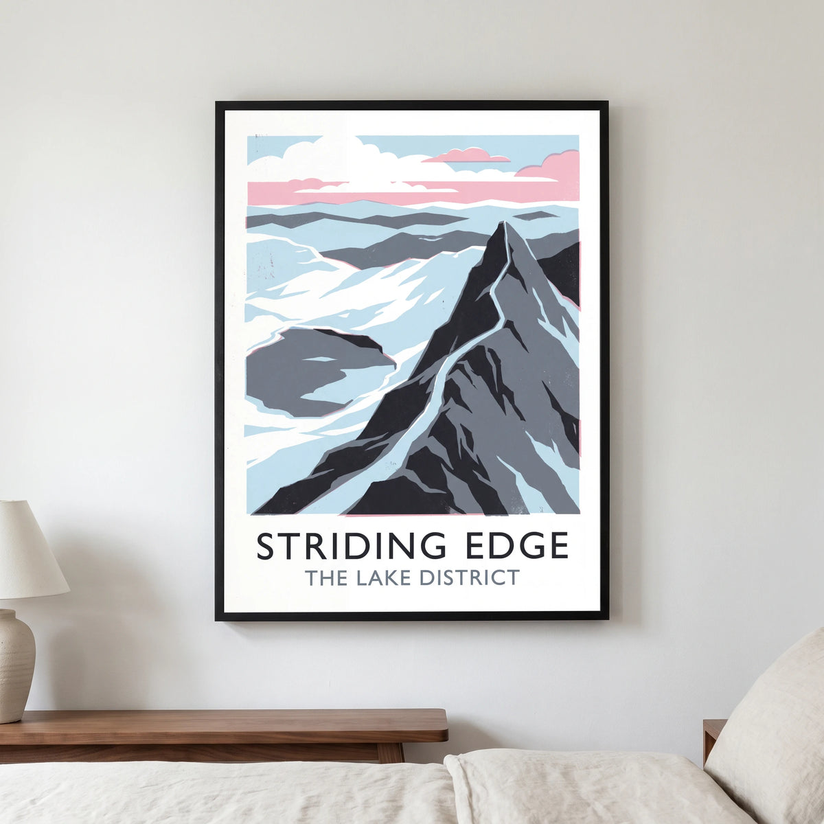 Striding Edge travel poster in a black frame, hanging in a bedroom3