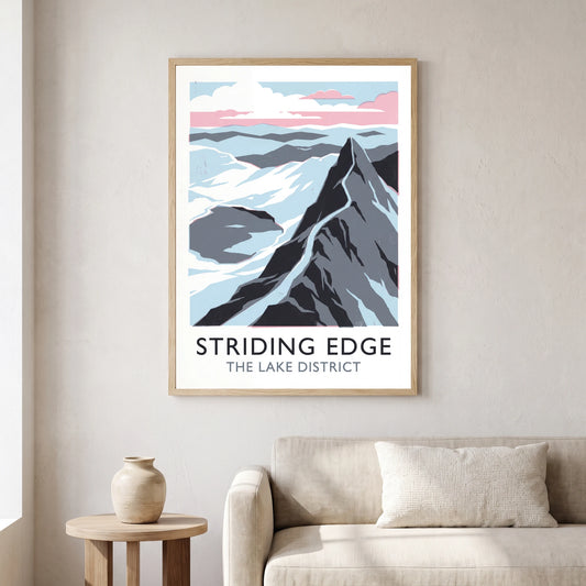 Striding Edge travel poster in a natural frame, hanging in a living
