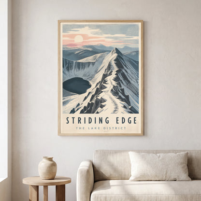 Striding Edge travel poster in a natural frame, hanging in a living