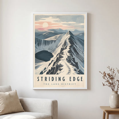 Striding Edge travel poster in a white frame, hanging in a living2