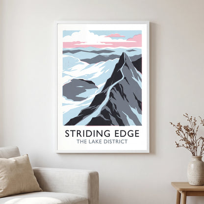 Striding Edge travel poster in a white frame, hanging in a living2