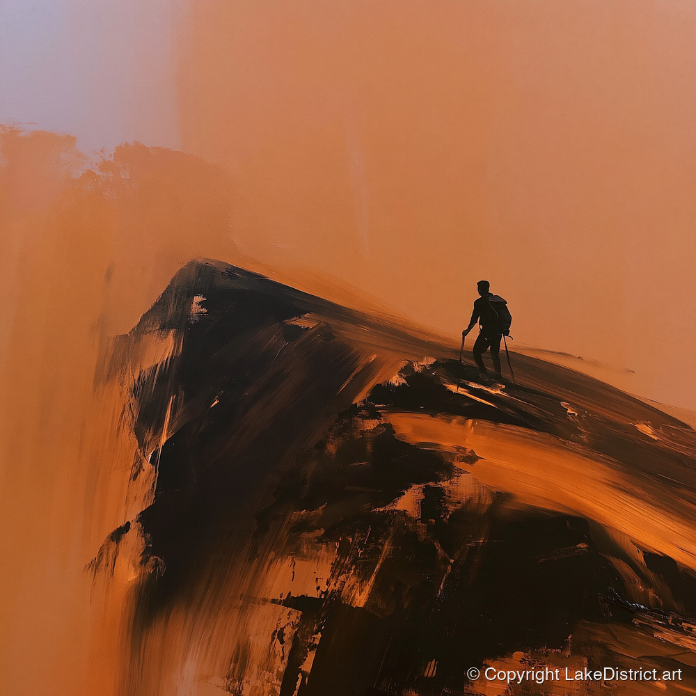 Striding Edge Silhouette in Amber - lake district walking art print and canvas by James Yarborough A.I