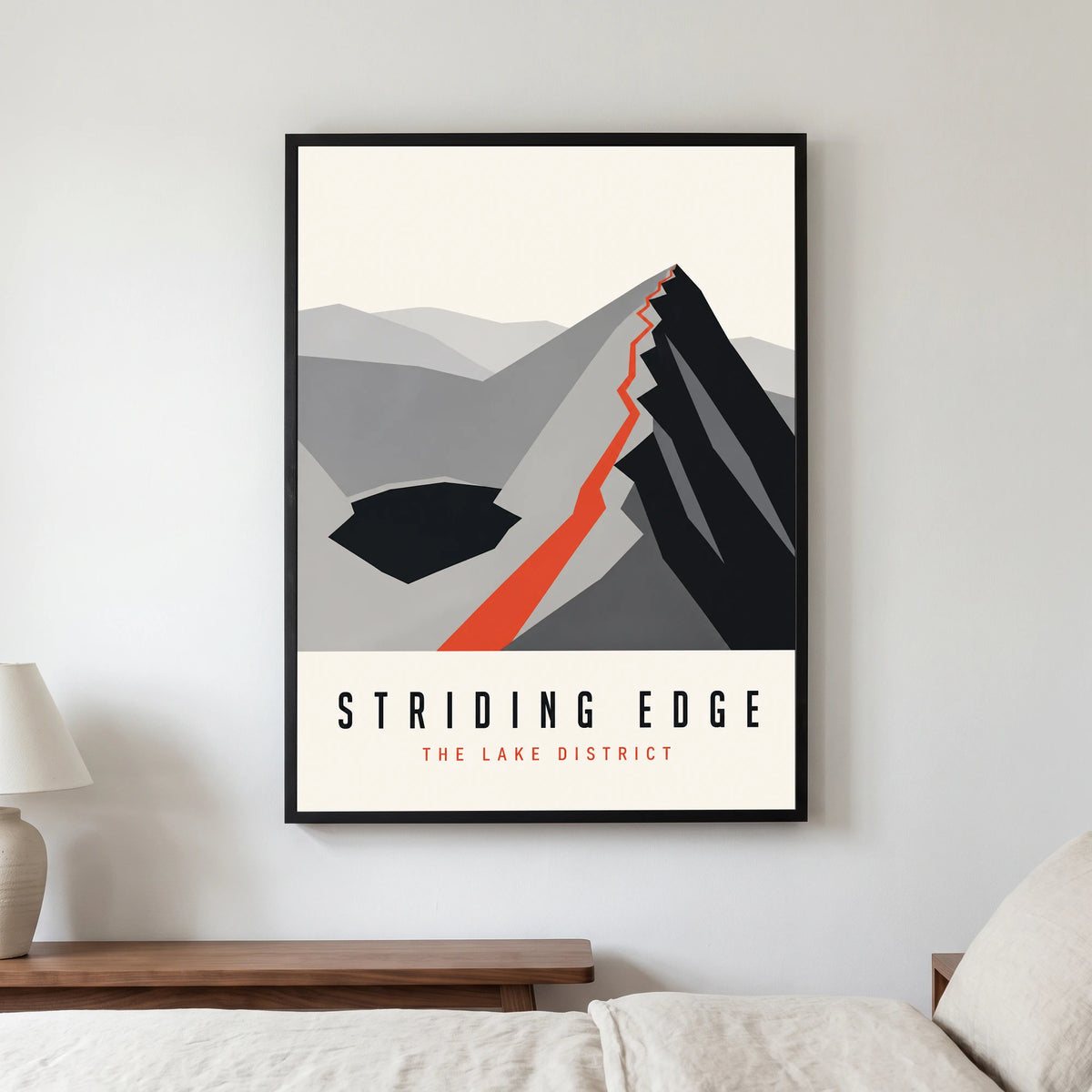 Striding Edge travel poster in a black frame, hanging in a bedroom3