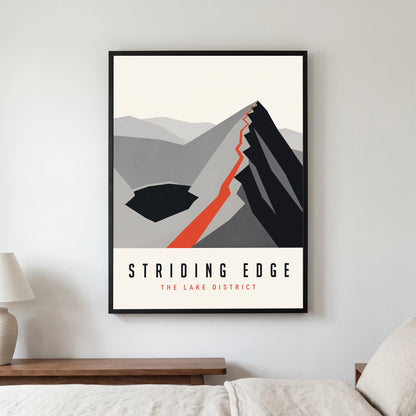 Striding Edge travel poster in a black frame, hanging in a bedroom3