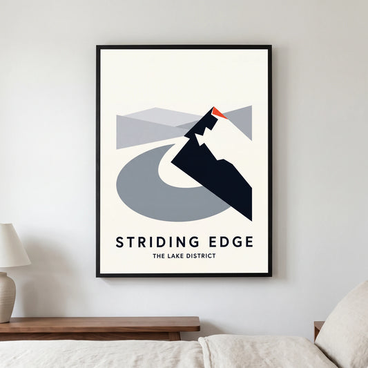 Striding Edge travel poster in a black frame, hanging in a bedroom3