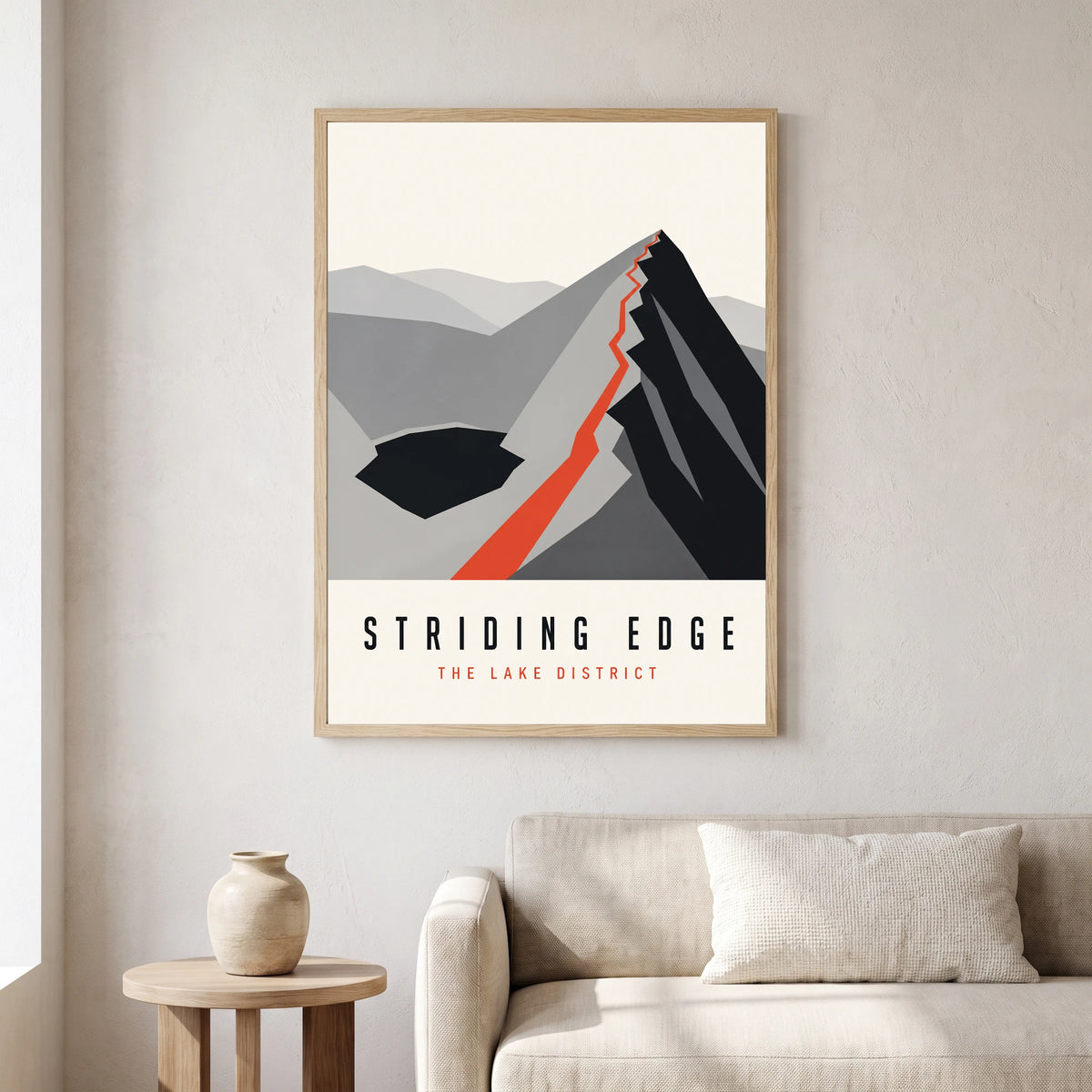 Striding Edge travel poster in a natural frame, hanging in a living