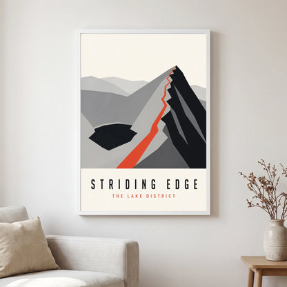 Striding Edge travel poster in a white frame, hanging in a living2