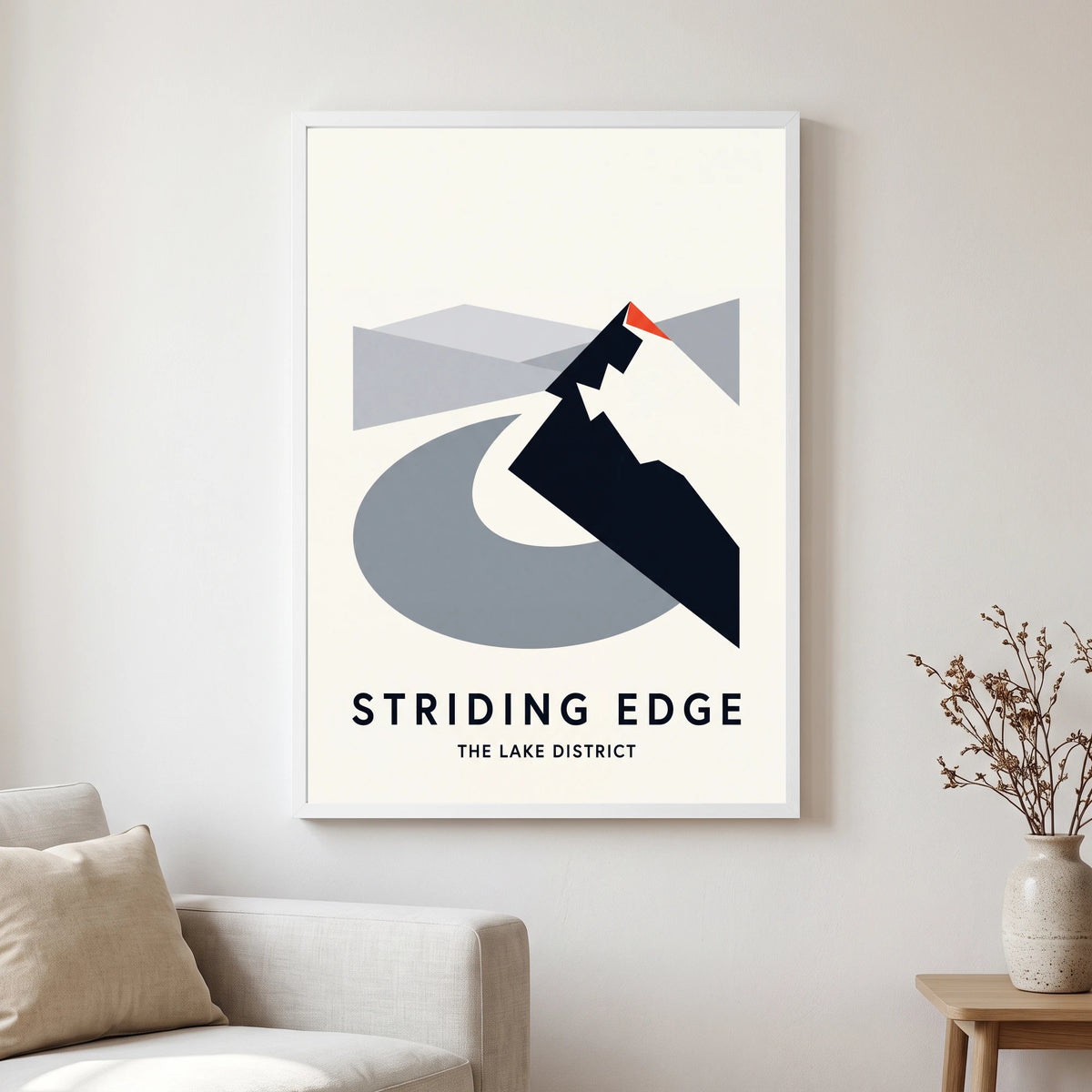 Striding Edge travel poster in a white frame, hanging in a living2