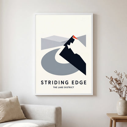 Striding Edge travel poster in a white frame, hanging in a living2