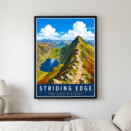 Striding Edge travel poster in a black frame, hanging in a bedroom3
