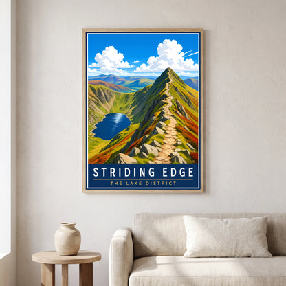 Striding Edge travel poster in a natural frame, hanging in a living