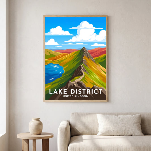 Striding Edge travel poster in a natural frame, hanging in a living