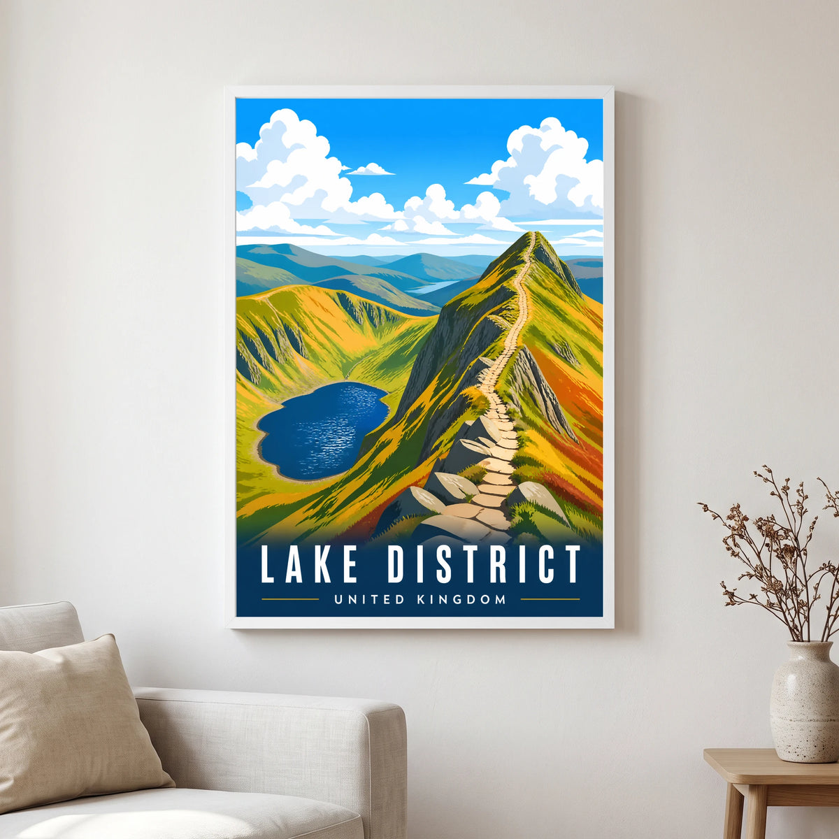 Striding Edge travel poster in a white frame, hanging in a living2