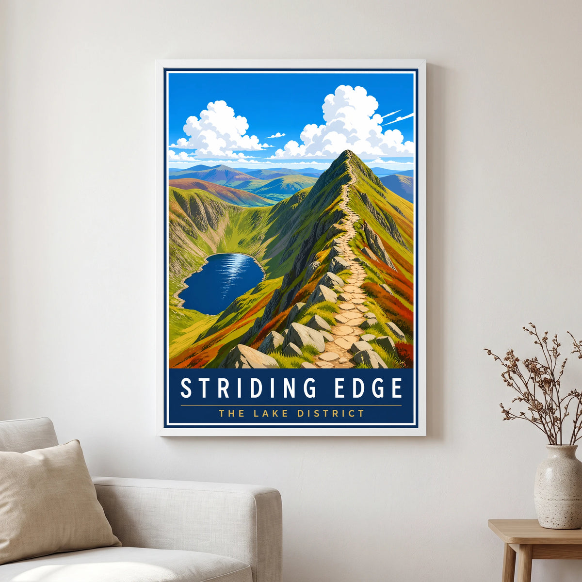 Striding Edge travel poster in a white frame, hanging in a living2