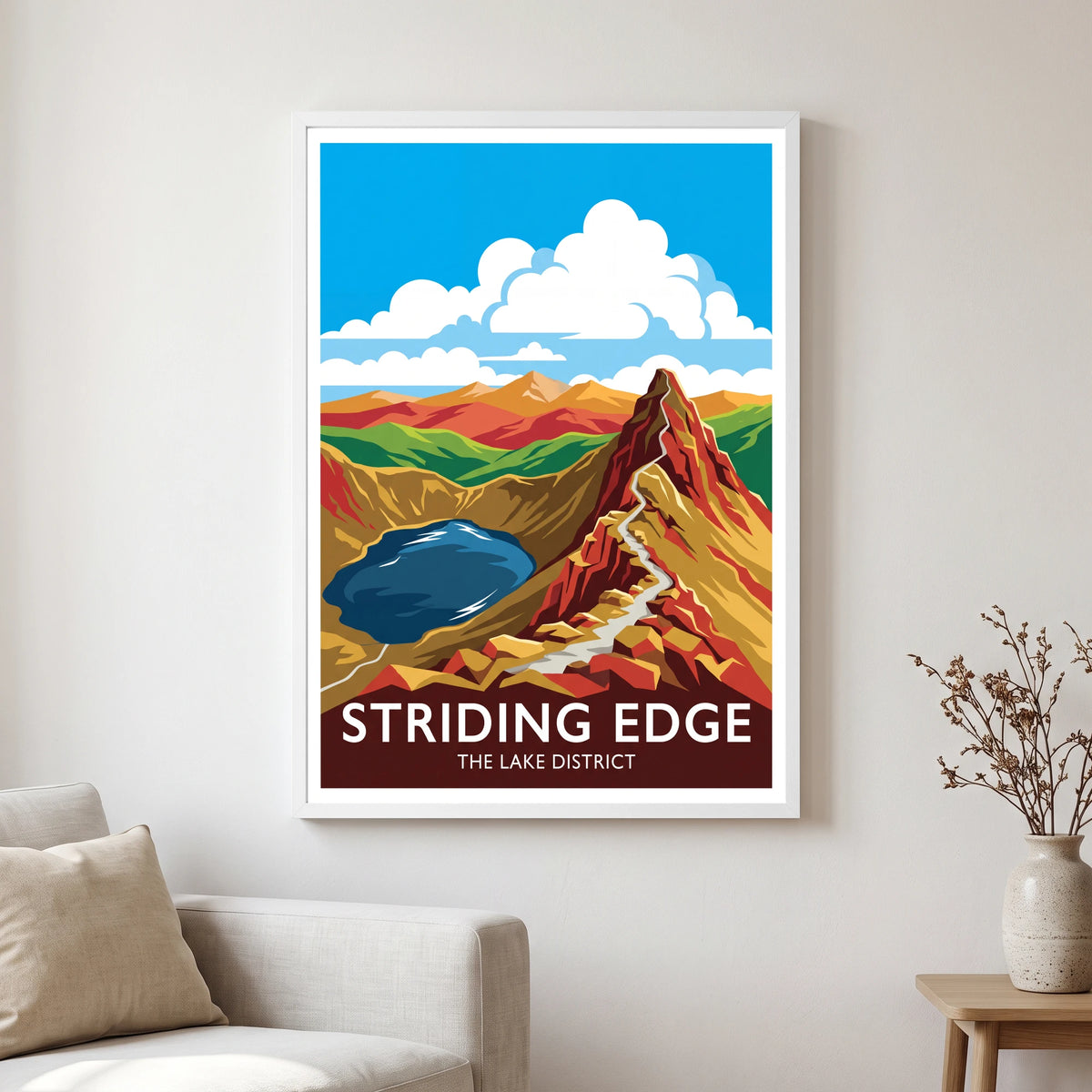 Striding Edge travel poster in a white frame, hanging in a living2