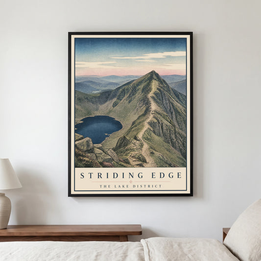 Striding Edge travel poster in a black frame, hanging in a bedroom3