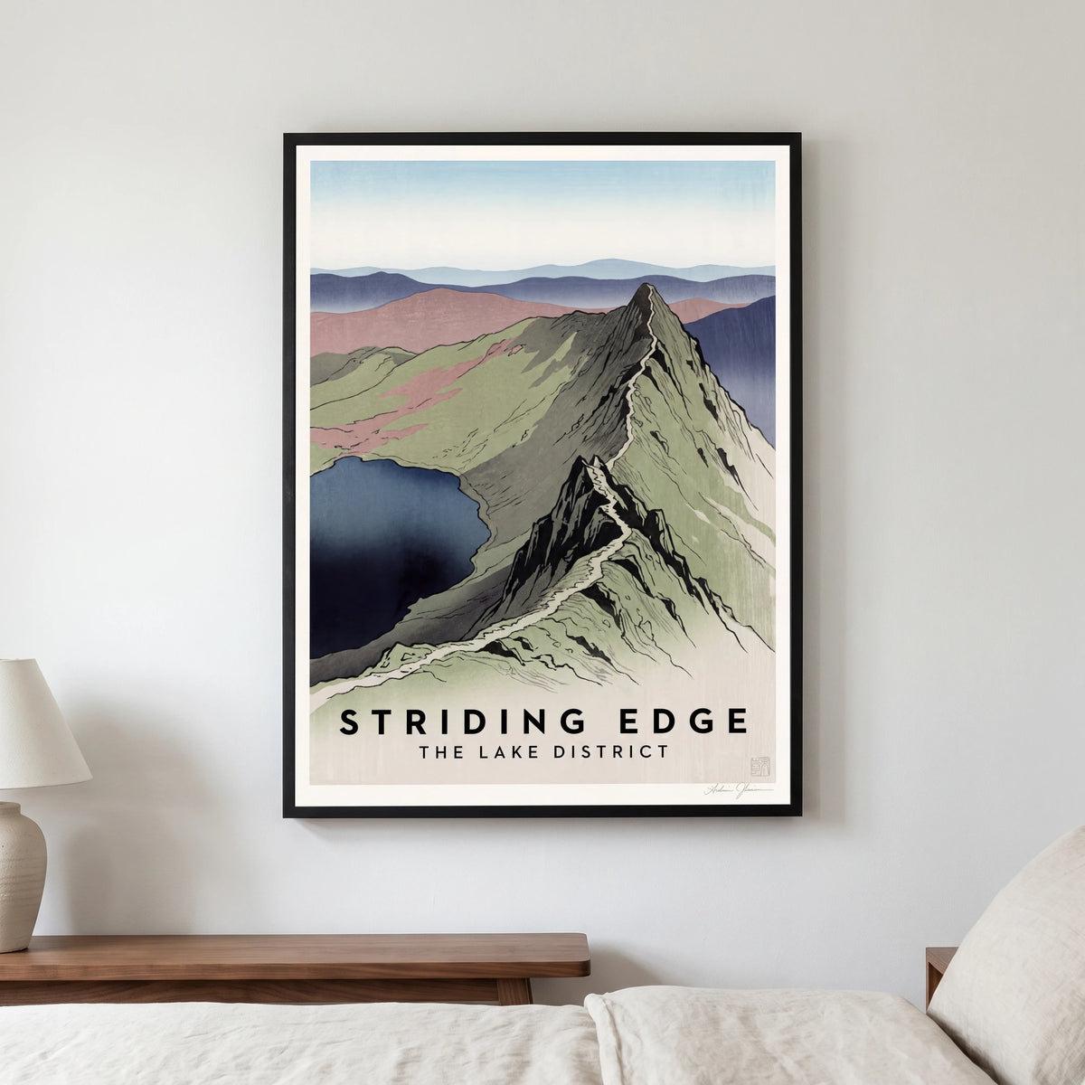Striding Edge travel poster in a black frame, hanging in a bedroom3