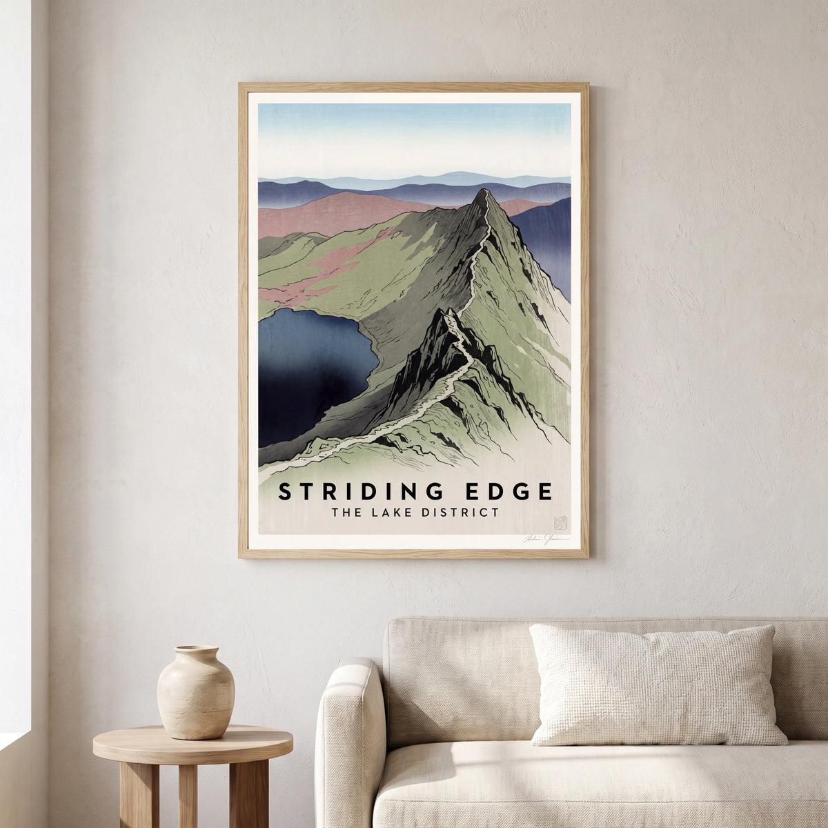 Striding Edge travel poster in a natural frame, hanging in a living