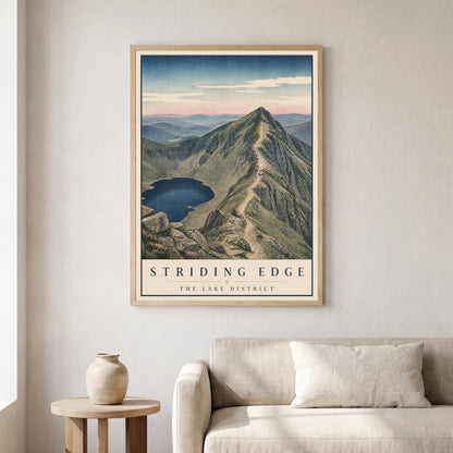 Striding Edge travel poster in a natural frame, hanging in a living