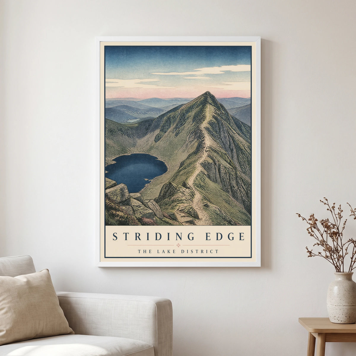 Striding Edge travel poster in a white frame, hanging in a living2