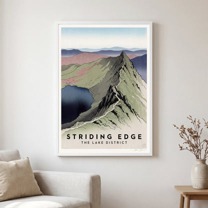 Striding Edge travel poster in a white frame, hanging in a living2