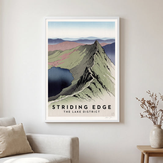 Striding Edge travel poster in a white frame, hanging in a living2