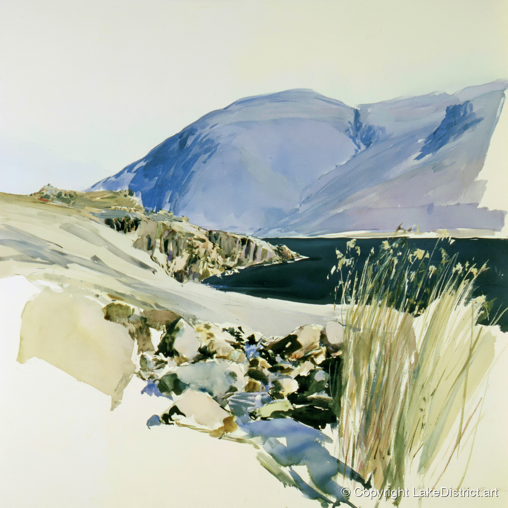Styhead Tarn and Blue Fells - lake district fell art print and canvas by Beatrice Langley A.I