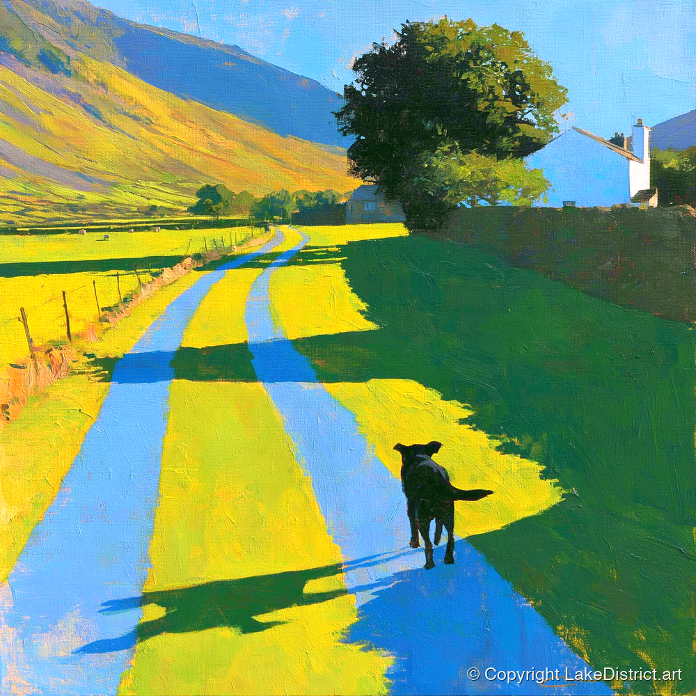 Summer Dog Walk in Wasdale - gifts for dog walkers art print and canvas by Daphne Morley A.I