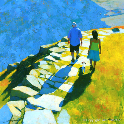 Summer Fell Walk with Blue Shadows - lake district walking art print and canvas by Daphne Morley A.I