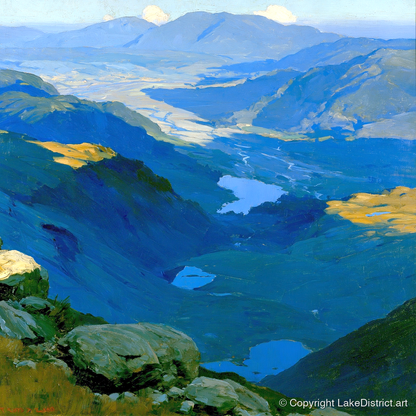 Summit View over Blue Tarns - lake district fell art print and canvas by Percival Kent A.I