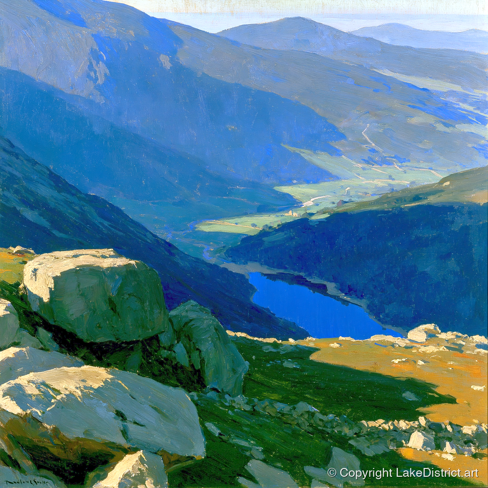 Summit View Over Deep Blue Valley - lake district fell art print and canvas by Percival Kent A.I