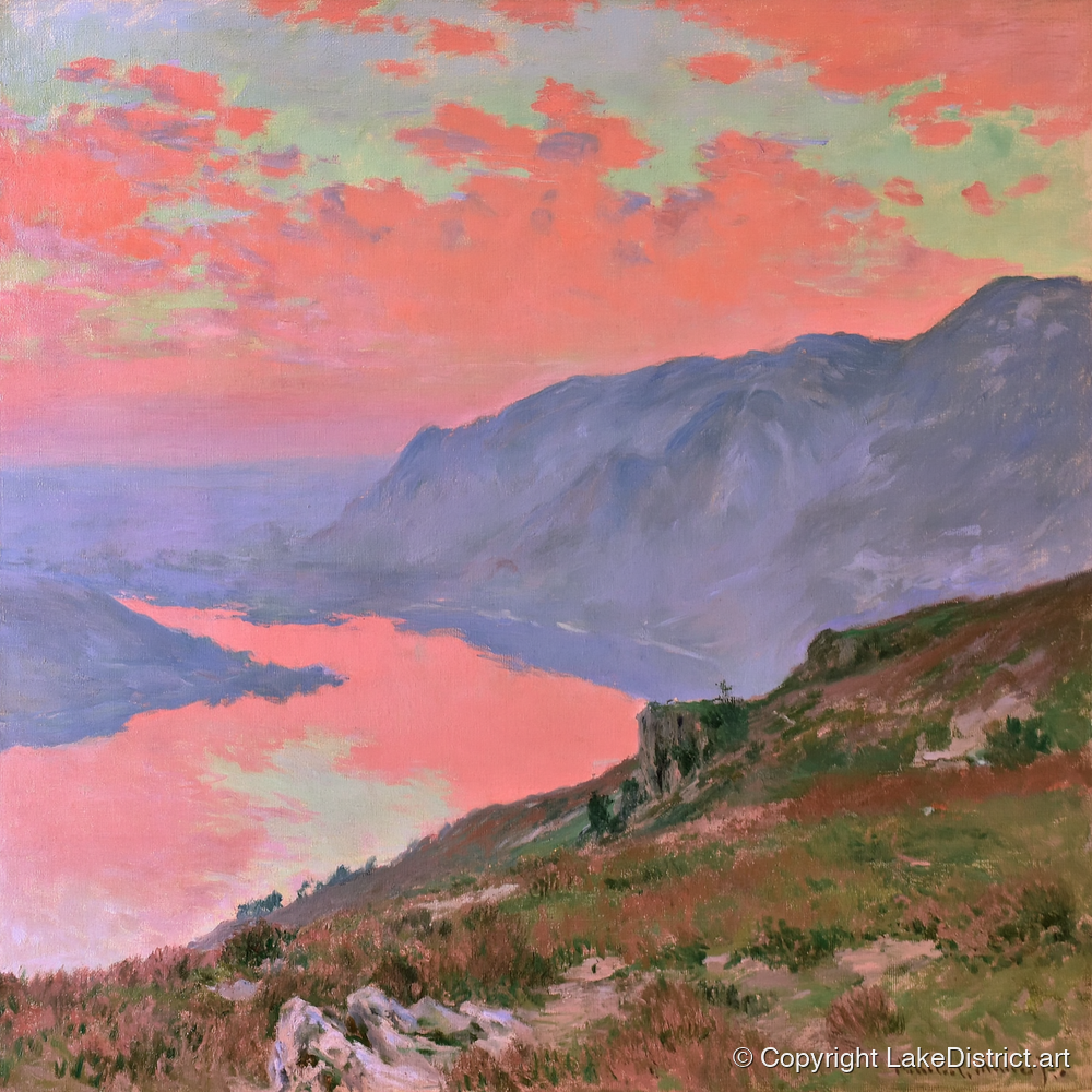 Summit View Under Coral Skies - lake district fell art print and canvas by Clara Sterling A.I