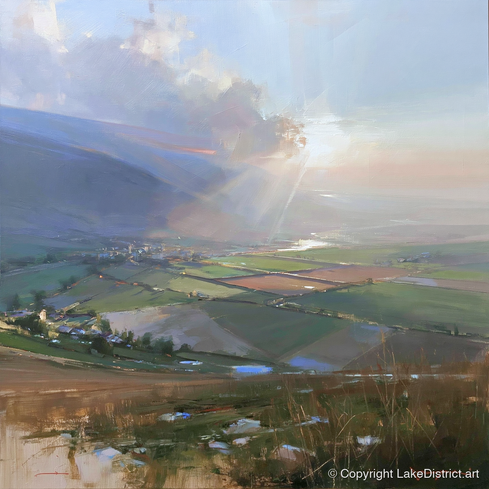 Sunburst Over a Lakeland Dale - lake district valley art print and canvas by Marcus Dalton A.I