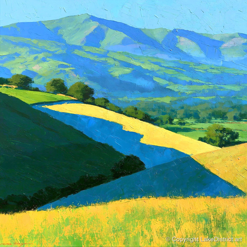 Sunlight and Cloud Shadows over Fells - lake district sky art print and canvas by Daphne Morley A.I
