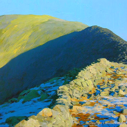 Sunlight and Shadow on Hart Crag - lake district fell art print and canvas by Daphne Morley A.I