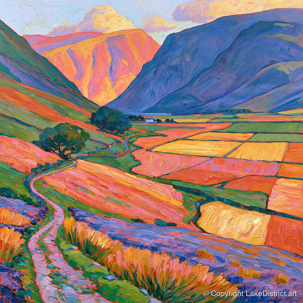 Sunlight on Patchwork Valley Fields - lake district valley art print and canvas by Celia Harding A.I