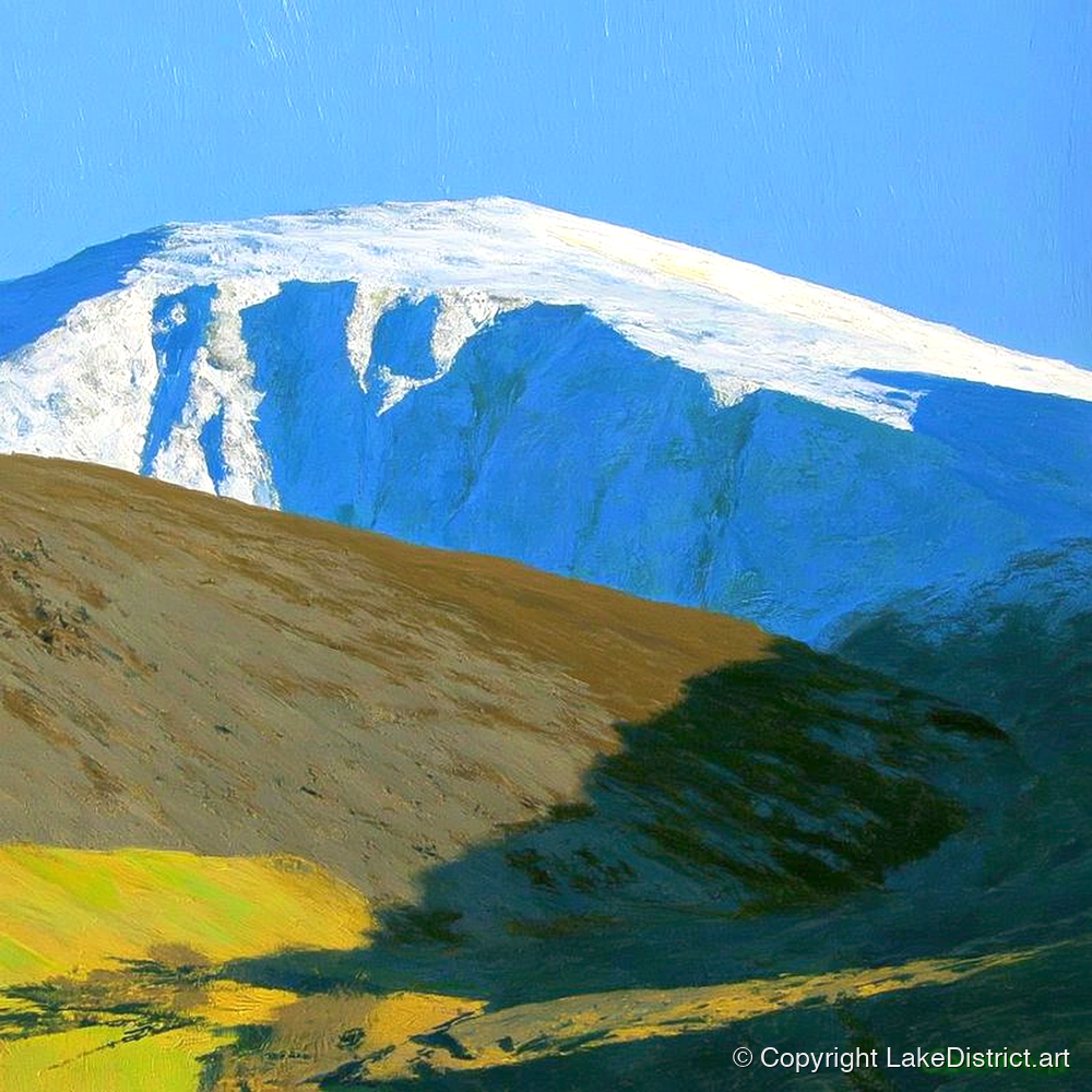 Sunlight on Snow Capped Raise - lake district fell art print and canvas by Daphne Morley A.I