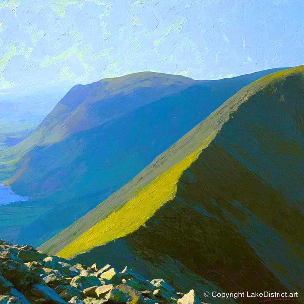 Sunlight on Whiteside Ridge - lake district fell art print and canvas by Daphne Morley A.I