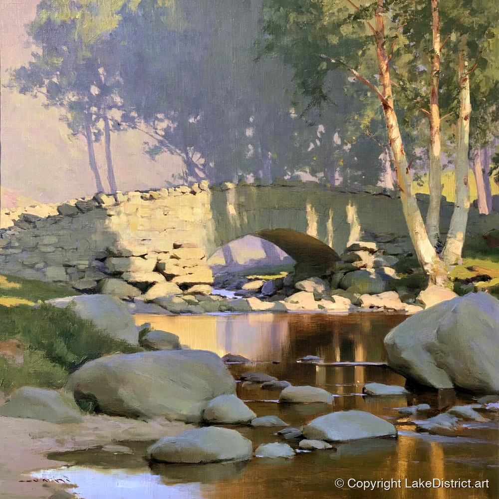 Sunlit Arched Bridge Over Beck - lake district waterfall art print and canvas by Thomas Alder A.I