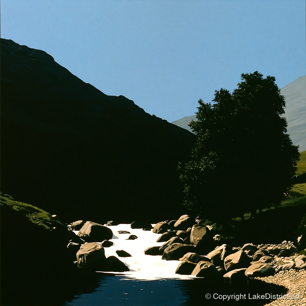 Sunlit Beck Beneath Dark Fell - lake district waterfall art print and canvas by Adelaide Calloway A.I